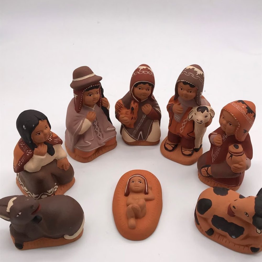 Peruvian Handmade Pottery Nativity Clay Set 8 pcs Christmas Decor (3" Tall Each)
